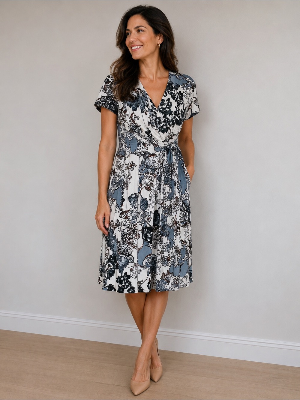 Suzy Shier Floral V Neck True Wrap Midi Dress Womens Sz L